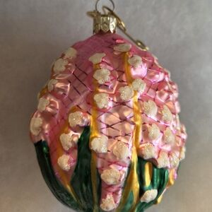 0Christopher Radko Pink FlGlass Holiday Ornament with Gold & Green Accents